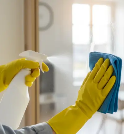 Gloved cleaning, cleaning a window